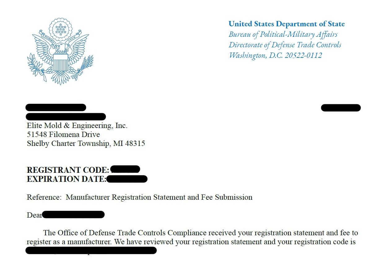 DDTC Registration Letter ITAR Registered Certification